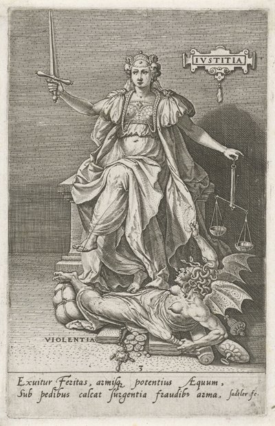 Rettferdighet (Justitia) overvinner vold (Violentia) Rettferdighet (tittel på objekt) Dydene erobrer lastene (serietittel) av Johann Sadeler (I)