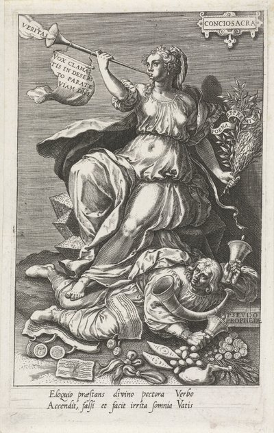 Samvittighet (Conciosacra) overvinner falske profeter (Pseudo prophetae) Conciosacra (tittel på objekt) Dydene overvinner lastene (serietittel) av Johann Sadeler (I)