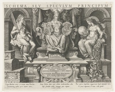 Autoritet (Potestas), Prestige (Nobilitas) og Velvilje (Liberalitas) Titteltrykk for en serie om egenskapene til en prins Hovedaktiviteter til en prins (serietittel) Schema, seu speculum principum (serietittel) Tidsplan, sev specvlvm av Johann Sadeler (I)