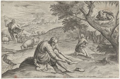 Gud viser seg for Moses i den brennende busken Historien om Moses før utvandringen (serietittel) Historia plagarum i Aegijpto (serietittel) av Johann Sadeler (I)