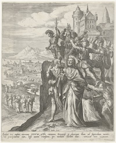 Innbyggerne i Nasaret fordriver Kristus fra byen Scener fra Det nye testamente (serietittel) av Johann Sadeler (I)