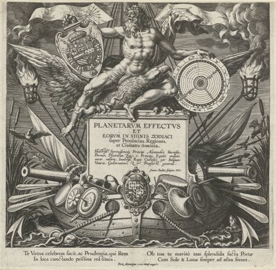 Jupiter en en oorlogsschip med våpenet av Alessandro Farnese Titelprent av en prentserie over de influence van de planeten over streken Planetariske effekter og deres effekter i dyrekretsens tegn (serietittel) Planetarvm effectvs et eorvm in signis zodiaci av Johann Sadeler (I)