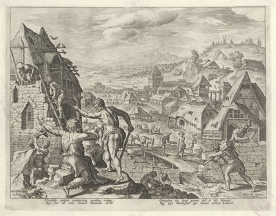 Kain bygger byen Enok Historien om Kains familie / Om gode og dårlige verk (serietittel) Boni et mali scientia (serietittel) av Johann Sadeler (I)