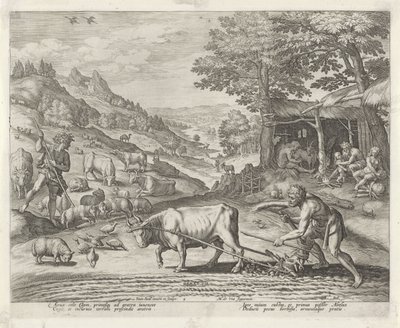 Kain og Abel som bonde og hyrde Historien om Kains familie / Om gode og dårlige verk (serietittel) Boni et mali scientia (serietittel) av Johann Sadeler (I)