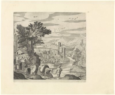 Landskap med en bonde og eselet hans Italienske landskap (serietittel) av Johann Sadeler (I)
