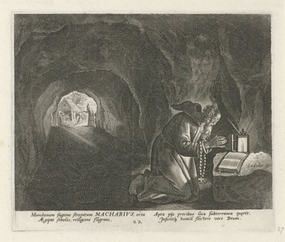 Macarius of Egypt som eremitt mannlige eremitter (serietittel) Solitudo Sive Vitae Patrum Eremicolarum (serietittel) av Johann Sadeler (I)