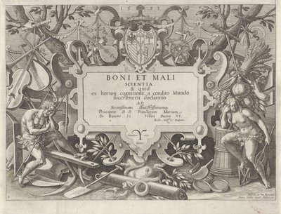 Ornamental ramme med Adam og Eva Historien om Kains familie / Om gode og dårlige verk (serietittel) Boni et mali scientia (serietittel på objekt) av Johann Sadeler (I)