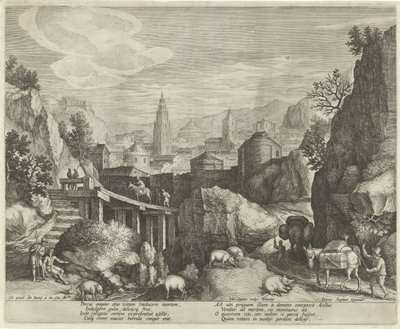 Steinete landskap med fabelen om eselet og villsvinemblemene i et landskap (serietittel) av Johann Sadeler (I)