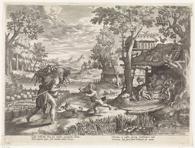 Set hilser på Adam når han kommer tilbake fra banen Historien om Sets familie / Bedømme de gode og de dårlige (serietittel) Bonorum et Malorum consensio (serietittel) av Johann Sadeler (I)