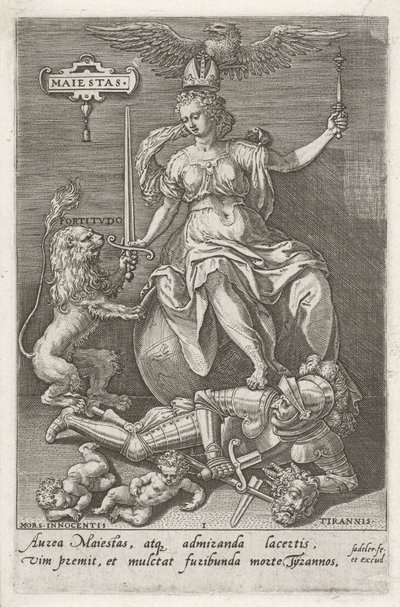 Verdighet (Majestas) overvinner Tyranni (Tyrannis) Maiestas (tittel på objekt) Dydene erobrer lastene (serietittel) av Johann Sadeler (I)