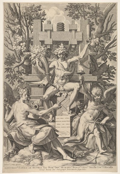 Bacchus, musikk, amor, 1575-1600. av Johann Sadeler I