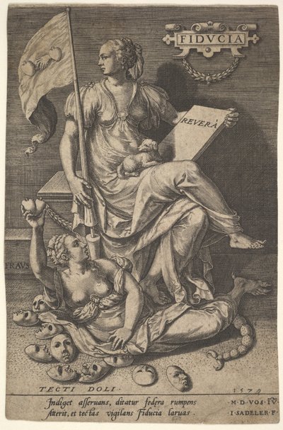Fiducia, en sittende kvinne holder en bok og banner mens hun snur hodet bort fra en bar-br..., 1579. av Johann Sadeler I