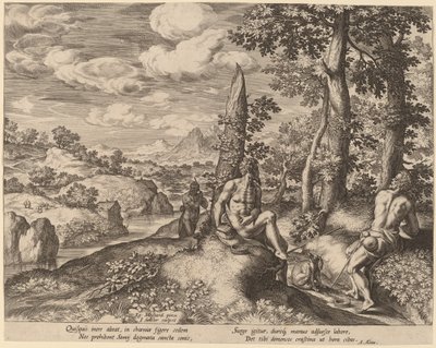 Landskap med tre nakne menn og en hund. av Johann Sadeler I