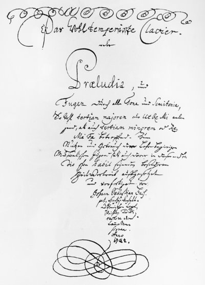 Håndskrevet tittelside til The Well Tempered Piano, 1722 (penn og blekk på papir) av Johann Sebastian Bach