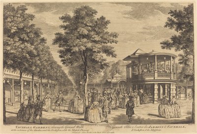 Vauxhall Gardens viser Grand Walk ved inngangen til hagen og orkesteret med musikk som spiller av Johann Sebastian Müller after Samuel Wale
