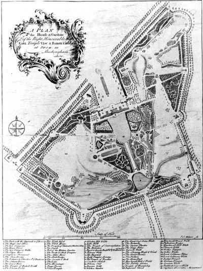 En plan for huset og hagen i Stowe, Buckinghamshire av Johann Sebastien Muller