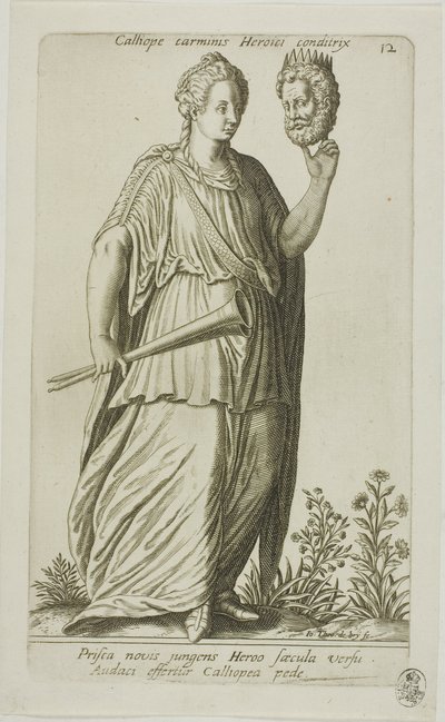 Calliope, Muse of Epic Poetry, plate 12 fra Parnassus Biceps av Johann Theodor de Bry