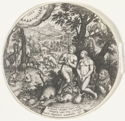 Gud snakker med Adam og Eva i paradis av Johann Theodor de Bry