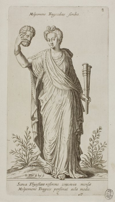 Melpomene, Muse of Tragedy, plate 8 fra Parnassus Biceps av Johann Theodor de Bry