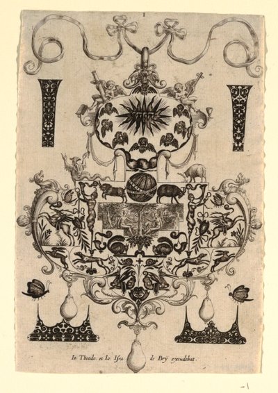Anhengdesign med fristelsen, Plate 1, fra en serie på åtte anhengsdesign med kardinaldydene av Johann Theodor de Bry
