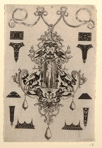 Pendeldesign med dydshåpet, plate 3, fra en serie på åtte anhengsdesign med kardinaldydene av Johann Theodor de Bry