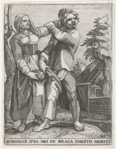 Strijd om de broek JEG VIL BINDE MEG PÅ MIN MANNS INSISTERENDE BUKSER (tittel på objekt) Secular Emblems, 1596 (serietittel) av Johann Theodor de Bry