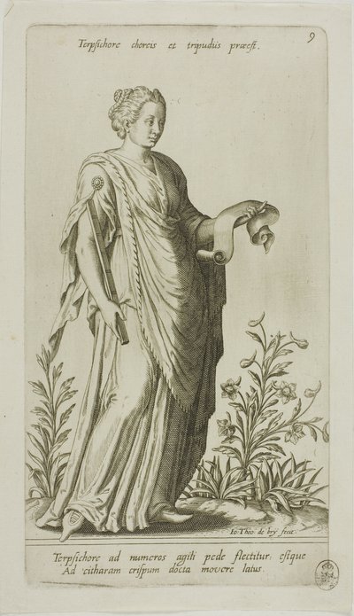 Terpsichore, Muse of Dance, plate 9 fra Parnassus Biceps av Johann Theodor de Bry