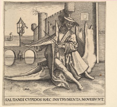 Den rike mannen spiller fiolin på et kjevebein. av Johann Theodor de Bry