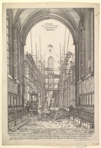 Utsikt over fransiskanernes kirke i Nürnberg under gjenoppbygging, fra serien V....n.d. av Johann Ulrich Kraus