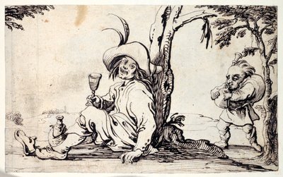 Landsmann sitter og forfrisker seg selv og en dverg med sekkepipe (penn og blekk på papir) av Johann Wilhelm Baur
