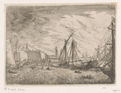 Havneutsikt med seilskuter og bysser foran en bymur Havneutsikt (serietittel) av Johann Wilhelm Baur