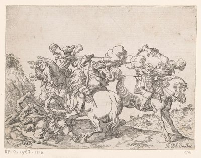 To musketerer på hesteryggen skyter på en rytter Kampscener (serietittel) Capricci di varie battaglie (serietittel) av Johann Wilhelm Baur