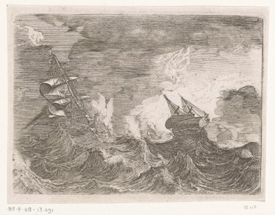 Fem seilskip til sjøs under en storm Skip i stormfullt vær (serietittel) av Johann Wilhelm Baur