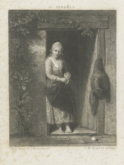 Ung kvinne med strikking av Johann Wilhelm Kaiser (I)