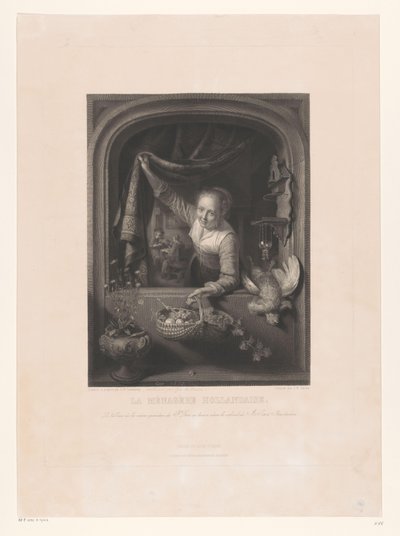Kvinne med kurv med frukt i hånden ved vinduet La menagerè Hollandaise (tittel på objekt) av Johann Wilhelm Kaiser (I)