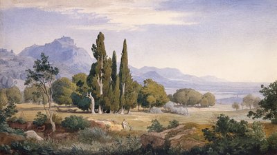 Et arkadisk landskap (blyant og akvarell) av Johann Wilhelm Schirmer