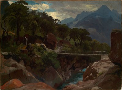 Sveitsisk fjellelv med gangbro av Johann Wilhelm Schirmer
