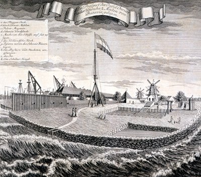 Dutch East India Company tre- eller sagbruk på øya to mil fra Batavia, pub. 1744. av Johann Wolfgang Heydt