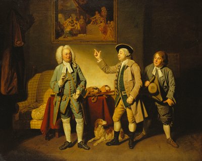 En scene fra "Love in a Village" av Isaac Bickerstaffe, Act 1, Scene 2, med Edward Shuter som Justice Woodcock, John Beard som Hawthorn, og John Dunstall som Hodge, av Johan Joseph Zoffany