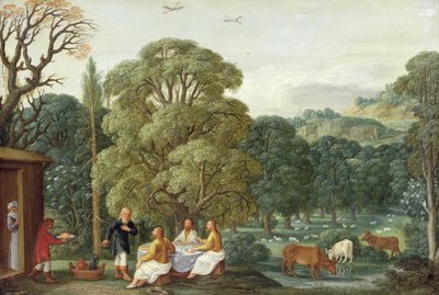 Abraham underholder de tre englene (olje på kobber) av Johann or Hans Konig