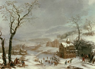 Vinterscene nær Flustal-elven av Johann the Yngr. Dallinger von Dalling