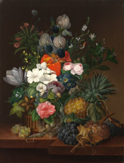 Stilleben med øgle og blomster - Johanna (Jenny) Salm-Reifferscheidt (nee Comtesse Pachtova) (1780-1857). olje på lerret av Johanna Salm-Reifferscheidt