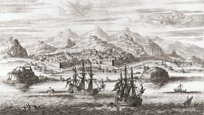 Hollandske skip foran Muscat, Oman på 1600-tallet (trykk) av Johannes (after) Kip