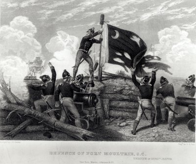Heroismen til sersjant William Jasper i forsvaret av Fort Moultrie, South Carolina, 12. mai 1780, gravert av G.R. Hall av Johannes Adam Simon Oertel