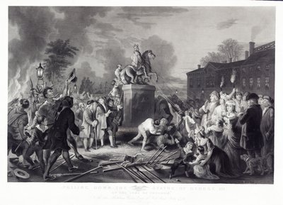 Å trekke ned statuen av George III av Sons of Freedom, på Bowling Green, City of New York, juli 1776, pub. 1875 av Johannes Adam Simon after Oertel