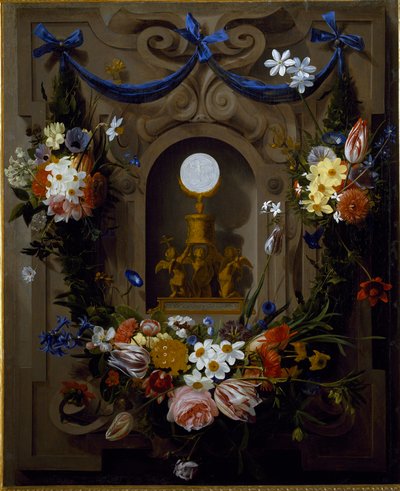 Eukaristi i en blomsterkrans (olje på lerret av Johannes Antonius van der Baren