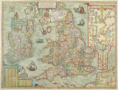 Kart over England og Irland tegnet i 1606 (farget gravering) av Johannes Baptista Vrints