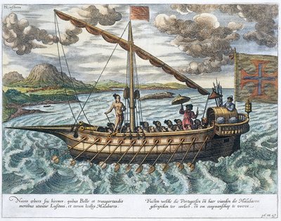 Fusta, illustrasjon fra 'Jan Huyghen van Linschoten, His Discourse of Voyages into the East and West Indies', 1579-92 av Johannes Baptista van Doetechum the Younger