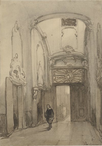 Rokokkoportal i rådhuset i Haag med en mann i drakt fra det syttende århundre av Johannes Bosboom