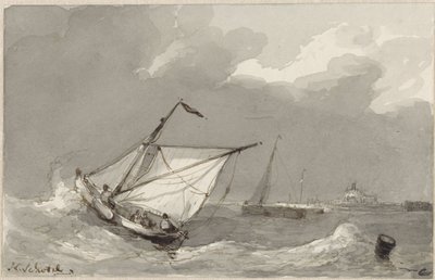 Fiskebåt på et hakkete hav, med en landsby foran seg av Johannes Christiaan Schotel